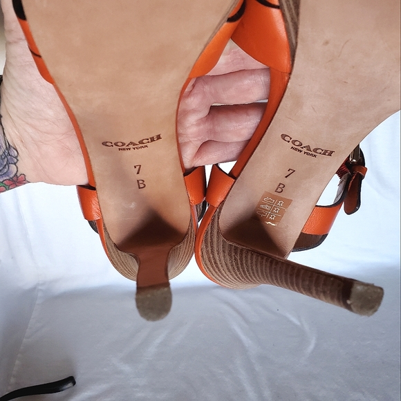 EUC Coach Orange Platform High Heels Shoes Sz 7 w/ Strappy Ankle Buckle with Box - Picture 15 of 16